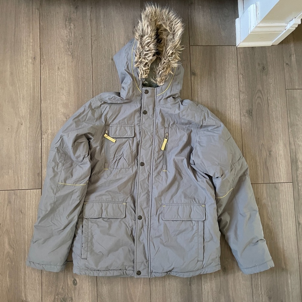 Lands End Down Feather Jacket Kids Boy Sz XL 18-20 Gray Faux Fur Hood Insulated - Picture 3 of 16